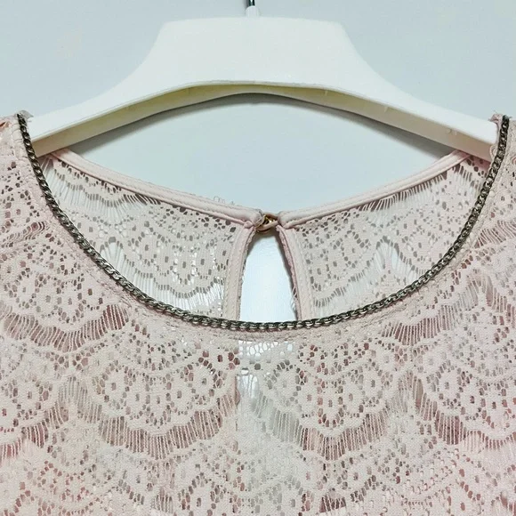 Jessica Simpson Lace Midi Dress Size 8 Blush Pink Scalloped Chain Collar Belted - Picture 9 of 16